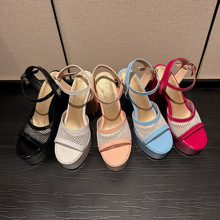2023 Style Patent Leather Mesh Stitching Fish Mouth With Hollow Waterproof Platform Thick Heel High Heel Sandals For Women - Image 5
