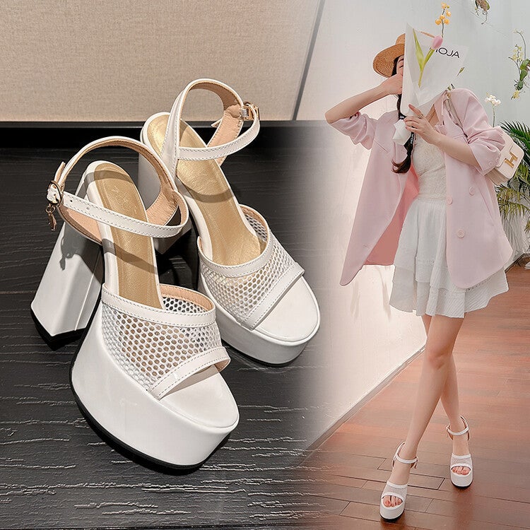 2023 Style Patent Leather Mesh Stitching Fish Mouth With Hollow Waterproof Platform Thick Heel High Heel Sandals For Women - Image 3