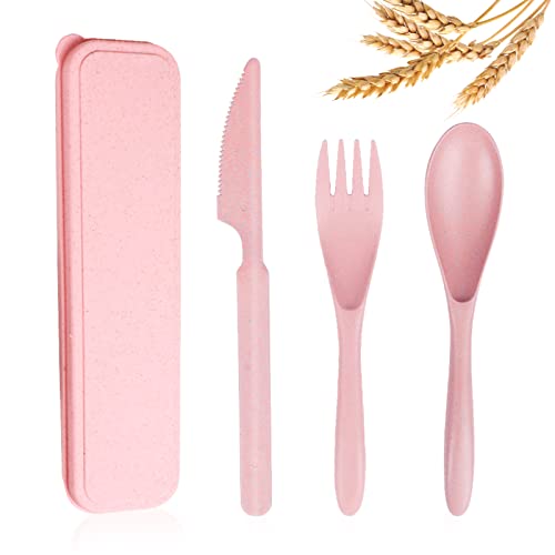 YDYTOP Reusable Travel Utensils Set with Case, Pink Wheat Straw Portable Knife Fork Spoons Tableware, Eco-Friendly BPA Free Cutlery for Kids and Adults as Travel Picnic Camping Utensils - Image 1