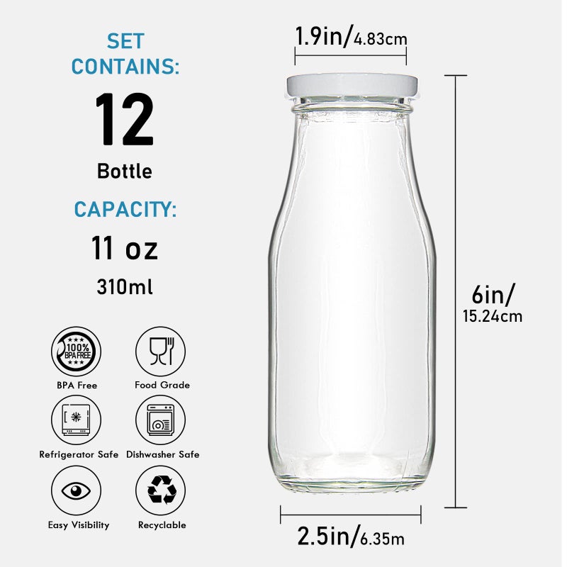 YEBODA 11oz Glass Milk Bottles with Reusable Metal Twist Lids and Straws for Beverage Glassware and Drinkware Parties, Weddings, BBQ, Picnics, Set of 12 - Image 5