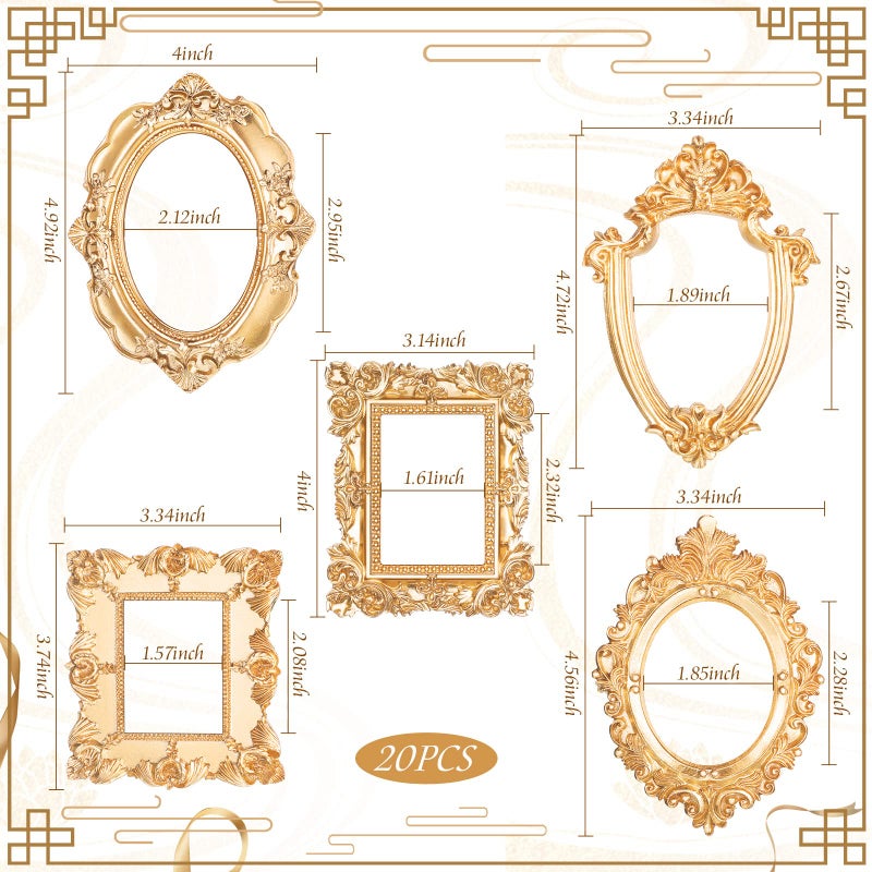 Yalikop Yalikop 20 Pcs Vintage Resin Picture Frame Antique Photo Frame Resin Wall Hanging Photo Frame Table Top Jewelry Display Frame Christmas Holiday Party Hotel Decor (Gold)  - Image 3