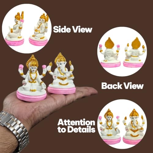 RIANZ® Pair of Laxmi Ji & Ganesh Ji Idols Statue for Home Temple and Office | Murti for Pooja Room, Diwali & Festivals | Handcrafted Resin Showpiece Gift Item (White & Pink) - Image 3