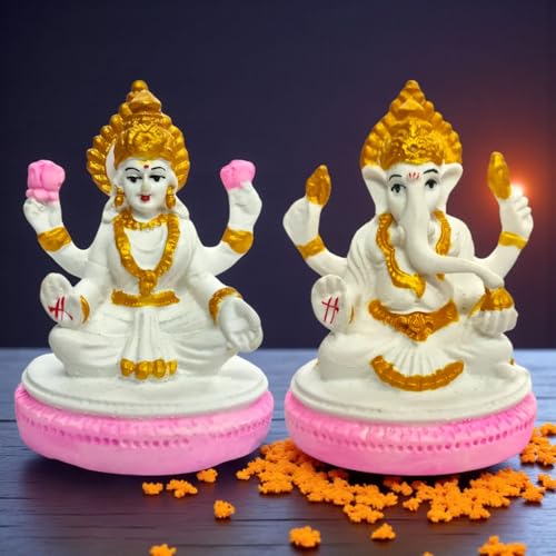 RIANZ® Pair of Laxmi Ji & Ganesh Ji Idols Statue for Home Temple and Office | Murti for Pooja Room, Diwali & Festivals | Handcrafted Resin Showpiece Gift Item (White & Pink) - Image 5