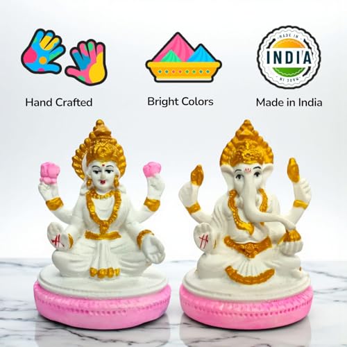 RIANZ® Pair of Laxmi Ji & Ganesh Ji Idols Statue for Home Temple and Office | Murti for Pooja Room, Diwali & Festivals | Handcrafted Resin Showpiece Gift Item (White & Pink) - Image 4