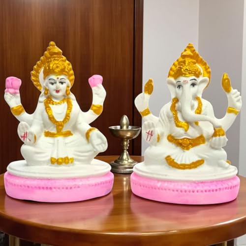 RIANZ® Pair of Laxmi Ji & Ganesh Ji Idols Statue for Home Temple and Office | Murti for Pooja Room, Diwali & Festivals | Handcrafted Resin Showpiece Gift Item (White & Pink) - Image 1
