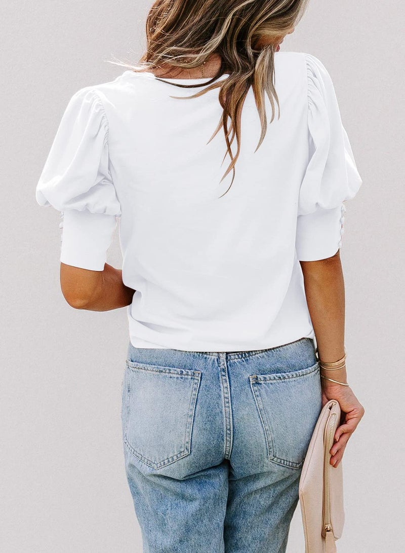 SimpleFun Casual Tops for Women Short Sleeve Loose Fit Summer Puff Sleeve Tshirt Blouse (White,L) - Image 3