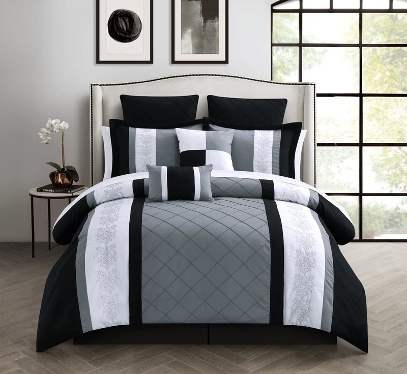 Chic Home 8-Piece Embroidery Comforter Set, Queen, Livingston Black - Image 1