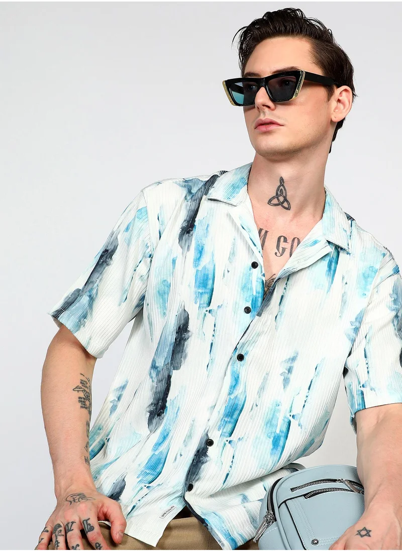 Campus Sutra Men's Sky Blue Oversized Water Strokes Shirt