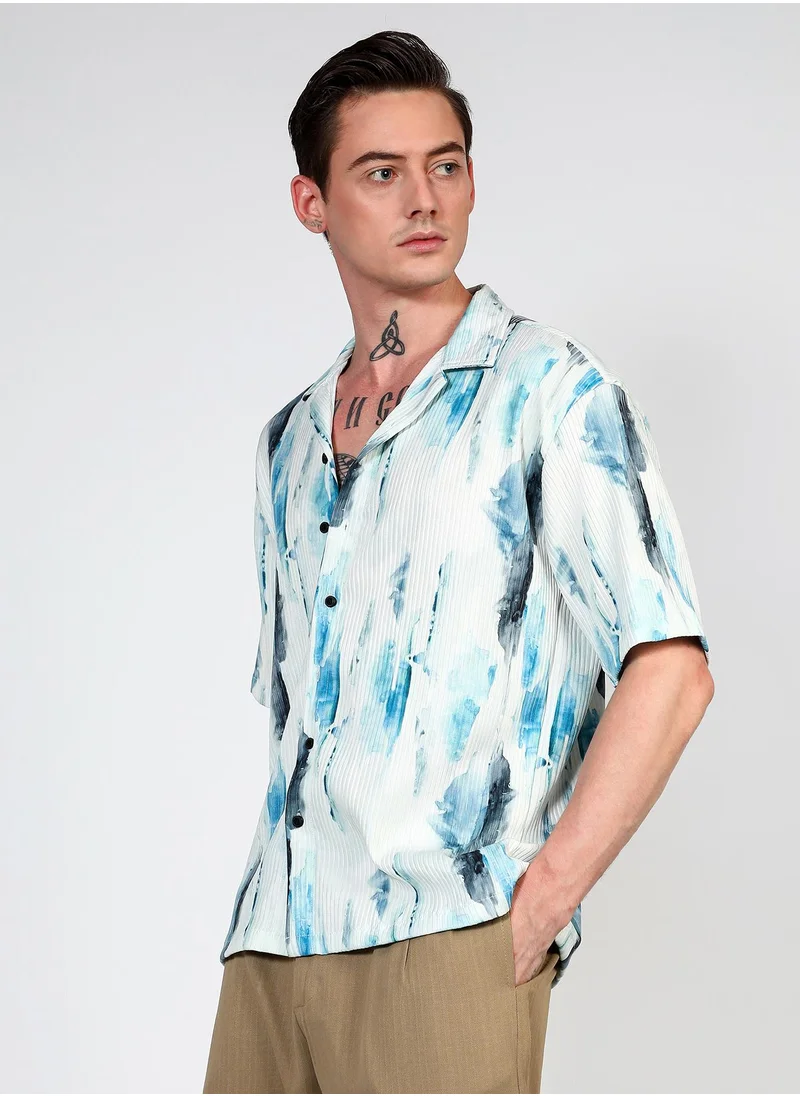 Campus Sutra Men's Sky Blue Oversized Water Strokes Shirt
