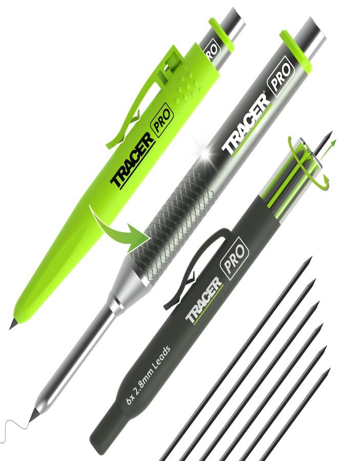 Tracer Pro Aluminum Deep Hole Construction Pencil - Durable Mechanical Carpenter Pencils Set with Sharpener & 6 Replacement Leads Holster Woodworking Marking Tool Contractor Pencil Kit - Image 1