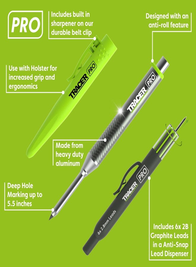 Tracer Pro Aluminum Deep Hole Construction Pencil - Durable Mechanical Carpenter Pencils Set with Sharpener & 6 Replacement Leads Holster Woodworking Marking Tool Contractor Pencil Kit - Image 2