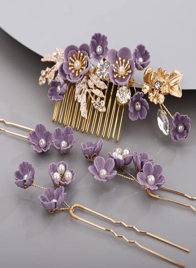 BERYUAN Rhinestone Flower Hair Pieces Bridal Purple Flower Hairpins Hair Comb Set for Bride Bridesmaid（4pcs） - Image 1
