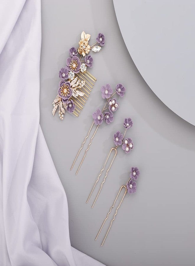 BERYUAN Rhinestone Flower Hair Pieces Bridal Purple Flower Hairpins Hair Comb Set for Bride Bridesmaid（4pcs） - Image 2