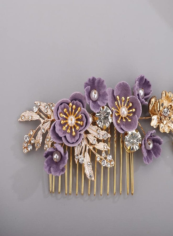 BERYUAN Rhinestone Flower Hair Pieces Bridal Purple Flower Hairpins Hair Comb Set for Bride Bridesmaid（4pcs） - Image 5