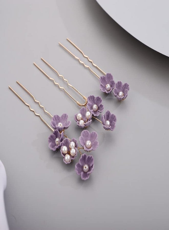 BERYUAN Rhinestone Flower Hair Pieces Bridal Purple Flower Hairpins Hair Comb Set for Bride Bridesmaid（4pcs） - Image 4