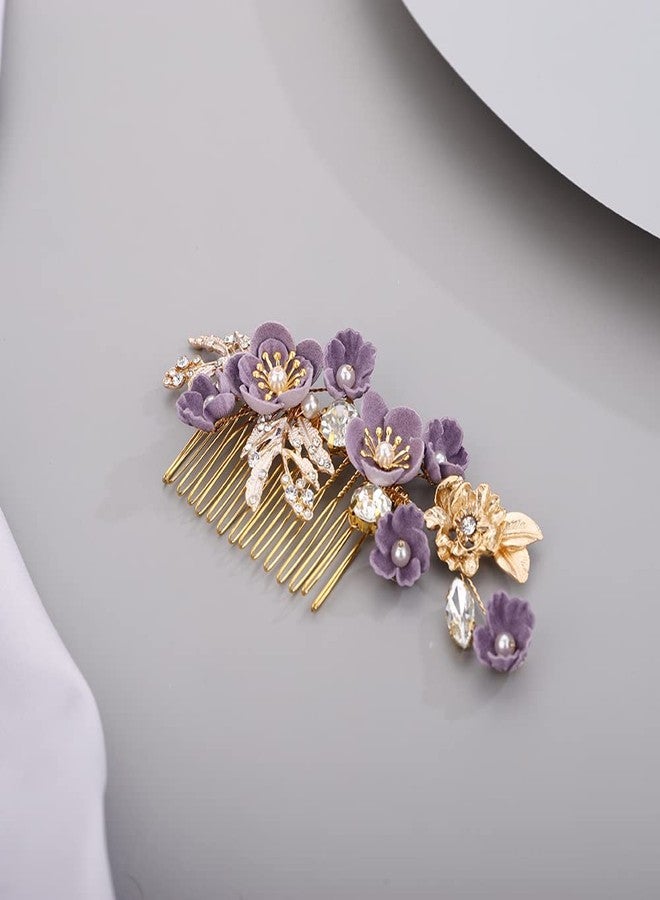 BERYUAN Rhinestone Flower Hair Pieces Bridal Purple Flower Hairpins Hair Comb Set for Bride Bridesmaid（4pcs） - Image 3