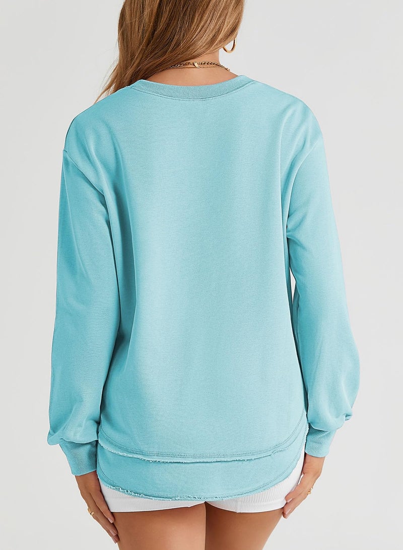 EVALESS Womens Sweatshirt Casual Long Sleeve Tunic Tops Comfort Colors Crewneck Cotton Sweatshirts for Women Fall Fashion 2025 Outfits Loose Side Split Irregular Curved Hem Workout Tops Sky Blue Large - Image 5