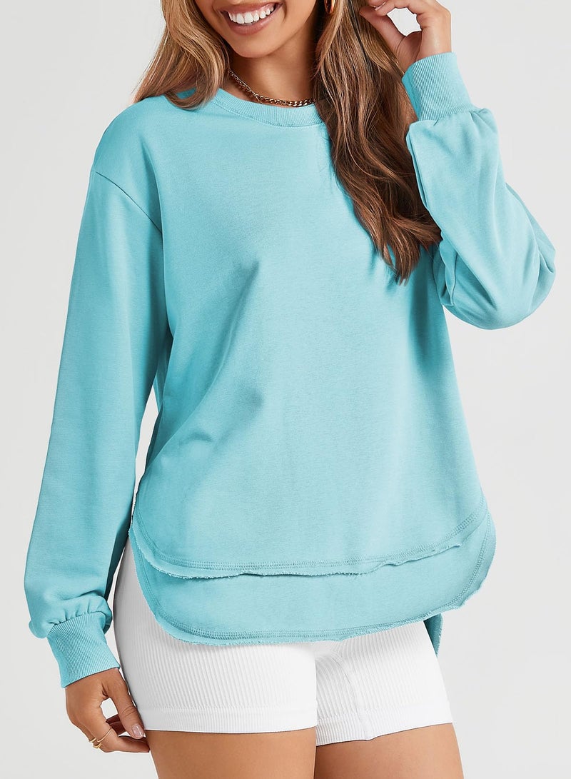 EVALESS Womens Sweatshirt Casual Long Sleeve Tunic Tops Comfort Colors Crewneck Cotton Sweatshirts for Women Fall Fashion 2025 Outfits Loose Side Split Irregular Curved Hem Workout Tops Sky Blue Large - Image 4