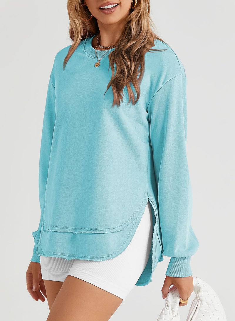 EVALESS Womens Sweatshirt Casual Long Sleeve Tunic Tops Comfort Colors Crewneck Cotton Sweatshirts for Women Fall Fashion 2025 Outfits Loose Side Split Irregular Curved Hem Workout Tops Sky Blue Large - Image 3