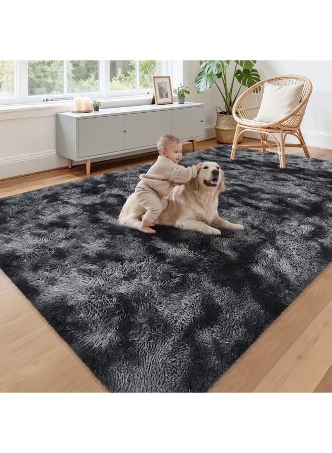 JiaoBaba Black Grey Tie-Dyed Rug for Living Room 6x9 Fluffy Area Rug Mat Bedside Throw Rug for Bedroom Kids Room Boys Teens Nursery Baby Dorm Office Home Decor Aesthetic Carpets - Image 1