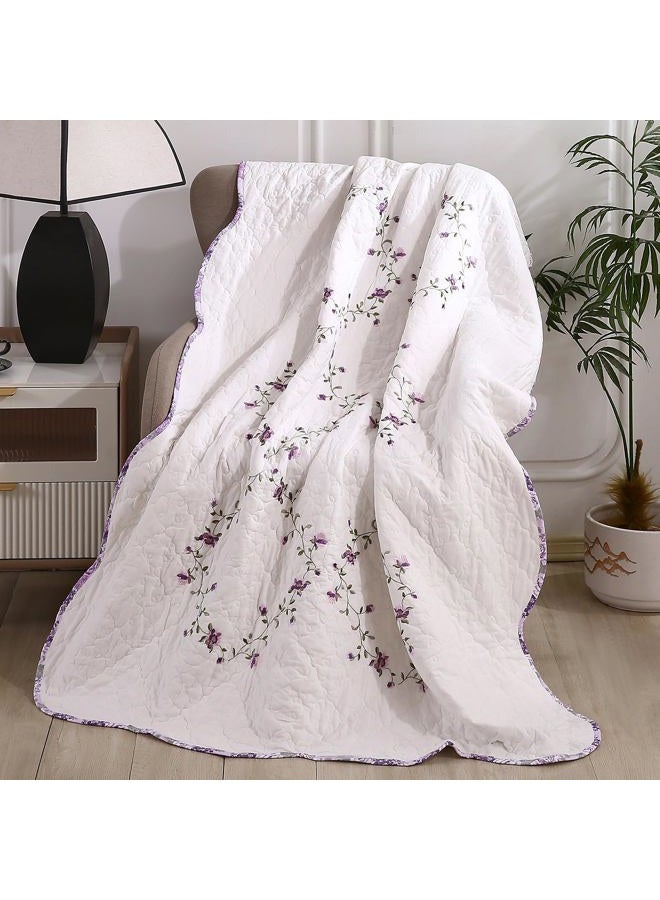 vctops 100% Cotton Quilted Throw Blanket 50x60 Inch Floral Embroidered Reversible Patchwork All Season Throw (Purple,50"x60") - Image 1