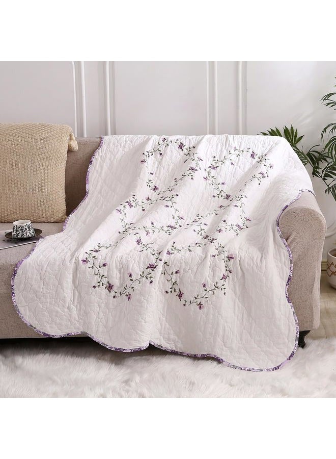 vctops 100% Cotton Quilted Throw Blanket 50x60 Inch Floral Embroidered Reversible Patchwork All Season Throw (Purple,50"x60") - Image 3