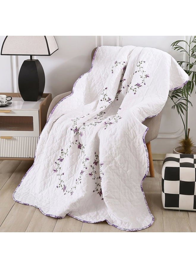 vctops 100% Cotton Quilted Throw Blanket 50x60 Inch Floral Embroidered Reversible Patchwork All Season Throw (Purple,50"x60") - Image 2