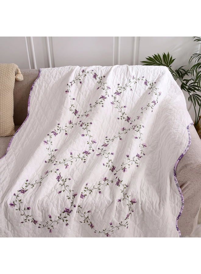 vctops 100% Cotton Quilted Throw Blanket 50x60 Inch Floral Embroidered Reversible Patchwork All Season Throw (Purple,50"x60") - Image 4
