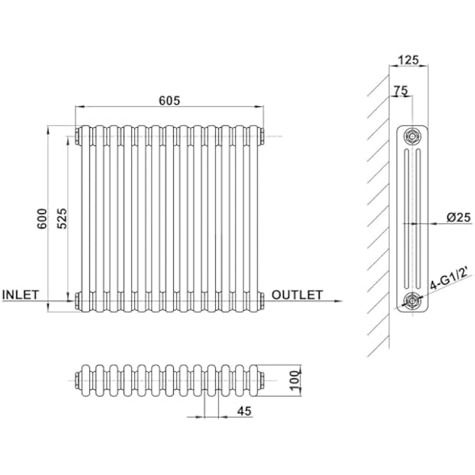 HORIZONTAL TRADITIONAL 3 COLUMN RADIATOR 600X605MM ANTHRACITE MATT GREY CAST IRON STYLE DESIGN RAD CENTRAL HEATING - Image 3