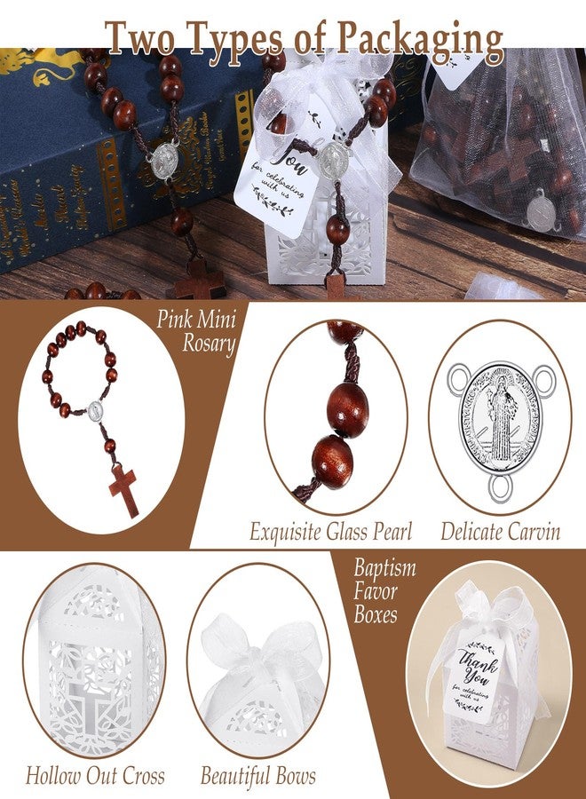Liliful 100 Pcs Baptism Rosary Favors Set Includes 25 Wood Mini Rosary 25 Baptism Favor Boxes 25 Organza Bags 25 Thank Tags for Baby Shower First Communion Christening Party Gift - Image 3