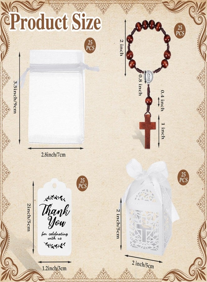 Liliful 100 Pcs Baptism Rosary Favors Set Includes 25 Wood Mini Rosary 25 Baptism Favor Boxes 25 Organza Bags 25 Thank Tags for Baby Shower First Communion Christening Party Gift - Image 2