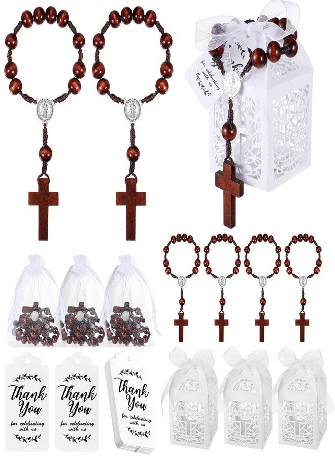 Liliful 100 Pcs Baptism Rosary Favors Set Includes 25 Wood Mini Rosary 25 Baptism Favor Boxes 25 Organza Bags 25 Thank Tags for Baby Shower First Communion Christening Party Gift - Image 1