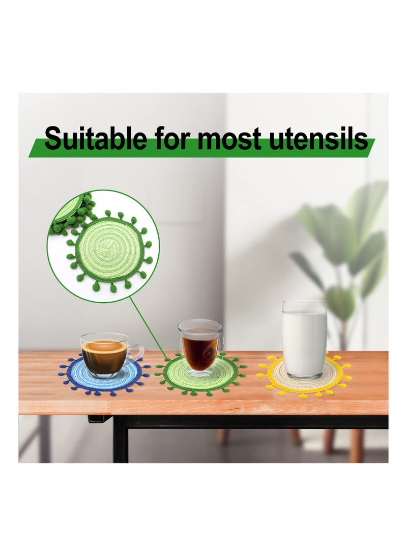 Excefore 6 Pcs Green Woven Coasters, Boho Coasters for Drinks, Round Cloth Coasters for Drinks Absorbent, Vintage Ethnic Lace Coasters, 5.2 Absorbent Coasters for Home, Office - Image 4