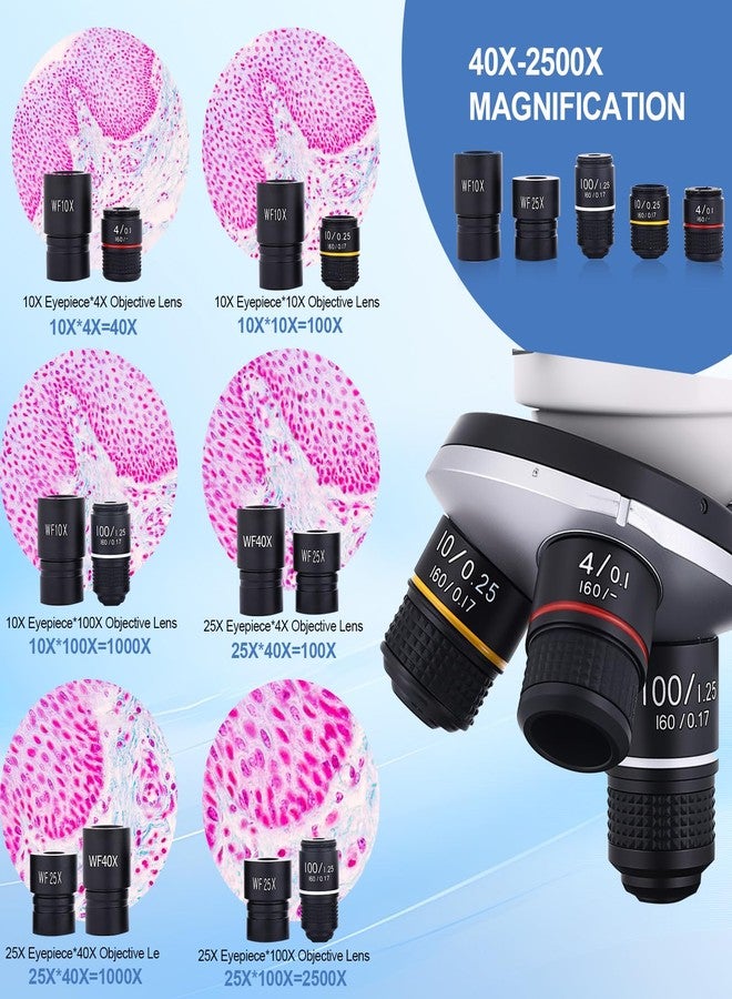 JECONE Microscope for Adults & Kids, 40X-2500X High-Power Compound Microscope for Students, School Lab & Home Schooling,Equiped with Slides Set & Phone Holder (White) - Image 2