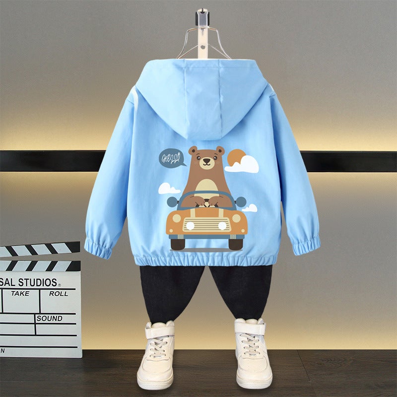 Childrens Spring Coat 2025 New Boys and Girls Fashion Cartoon Hooded Windbreaker Boys Casual All-match Jacket Blue (Car Bear) 