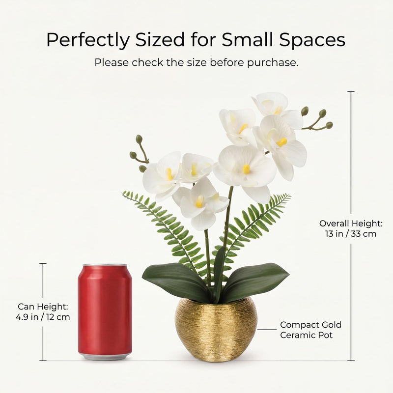 Briful Artificial Orchid Flowers in Gold Ceramic Pot, 13" Small White Faux Phalaenopsis Orchid Floral Arrangement Fake Silk Orchid for Bathroom Vanity Office Desk Shelf Nightstand Home Table Decor - Image 2