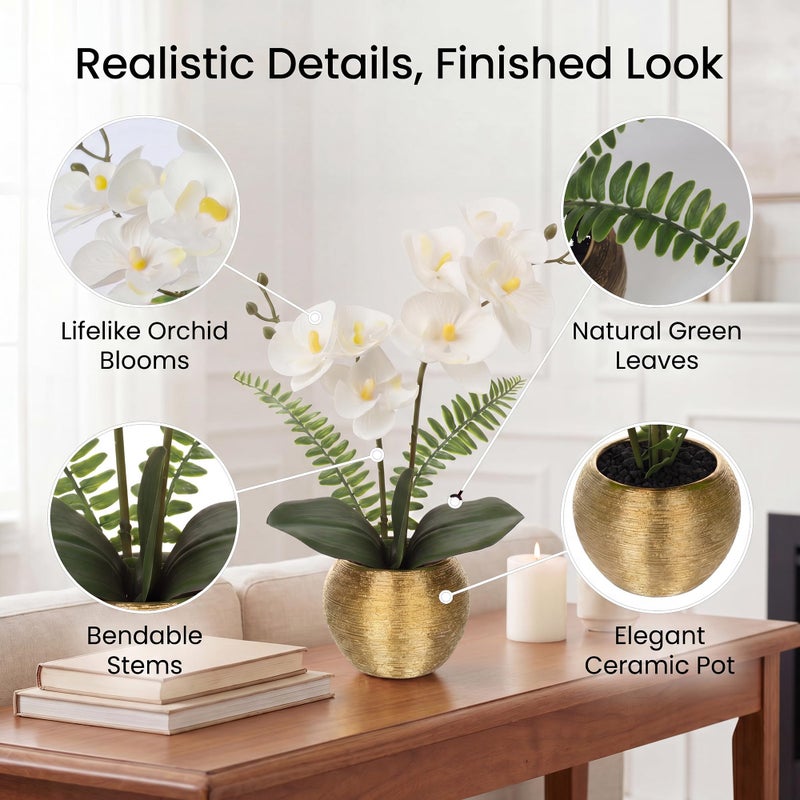 Briful Artificial Orchid Flowers in Gold Ceramic Pot, 13" Small White Faux Phalaenopsis Orchid Floral Arrangement Fake Silk Orchid for Bathroom Vanity Office Desk Shelf Nightstand Home Table Decor - Image 3