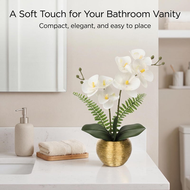 Briful Artificial Orchid Flowers in Gold Ceramic Pot, 13" Small White Faux Phalaenopsis Orchid Floral Arrangement Fake Silk Orchid for Bathroom Vanity Office Desk Shelf Nightstand Home Table Decor - Image 4