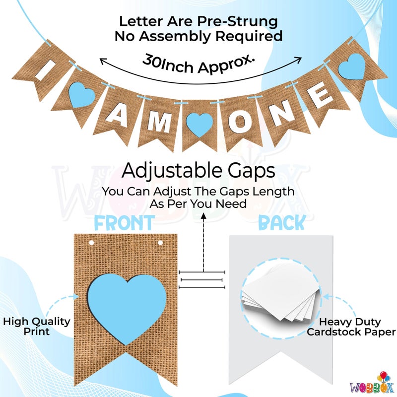 Wobbox First Birthday Party Banner Reverse Cutting "I am One" Party Decoration, Blue, Birthday Decoration Item - Image 3