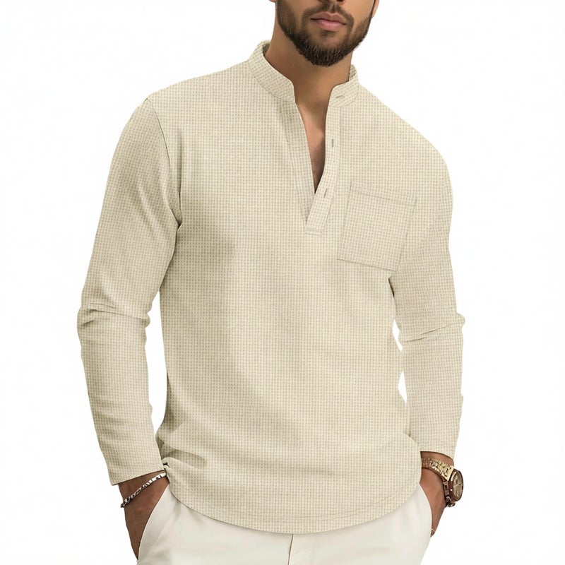 Men's Long Sleeve Waffle Knit Stand Collar Pocket Button Front Polo Shirt