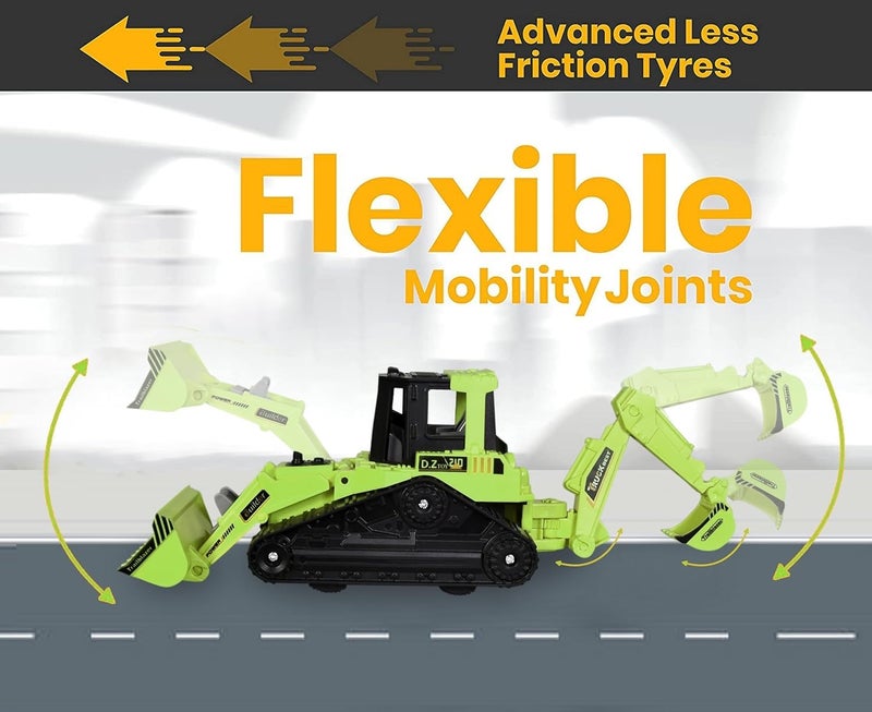 Tec Tavakkal Construction Realistic 2 in 1 Excavator Bulldozer Truck for Kids, Construction Toys Engineer Vehicle Pushdozer Toy Truck Machine (Excavator and Bulldozer Green) - Image 3