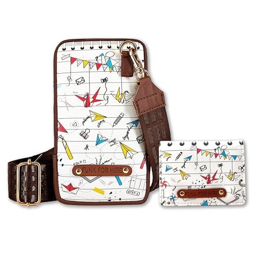 Funk For Hire Combo of Printed Leatherette Mobile Holder Pouch Sling Bag with Pocket Wallet - White and Brown - Image 1