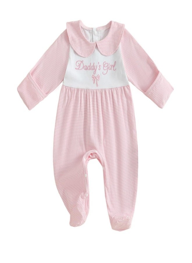Socutebabe Newborn Daddys Girl Baby Clothes Going Coming Home Outfit Fall Winter Onesie Romper Cute Smocked Jumpsuit (Daddys Girl Bow Striped Pink, 0-3 Months) - Image 1