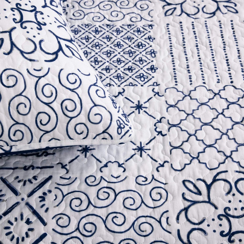 Lush Decor Monique 3 Piece Reversible Print Pattern Blue Quilt Set - Full Queen - Image 5