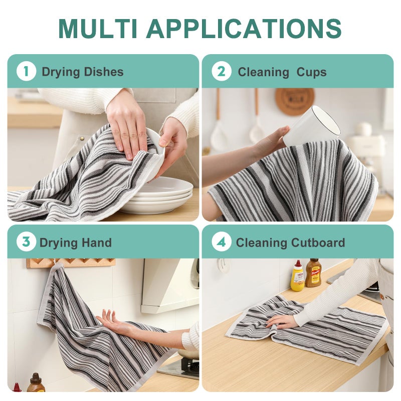 SALAS Premium Kitchen Dish Towels for Drying Dishes  Large Cotton Kitchen Towels  Stripped Terry Dish Cloths  Thick Highly Absorbent Kitchen Towel Sets with Hanging Loop  16"" X 26""  6 Packs Grey - Image 4