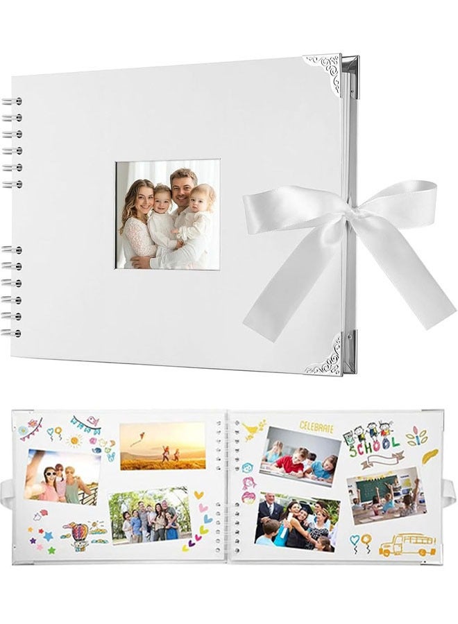 Photo Album, Scrapbook Photo Albums 40 Sheets(80 Pages), Thick Paper, Metal Corners, Ribbon Closure for Scrapbooking Albums, Art and Craft, White