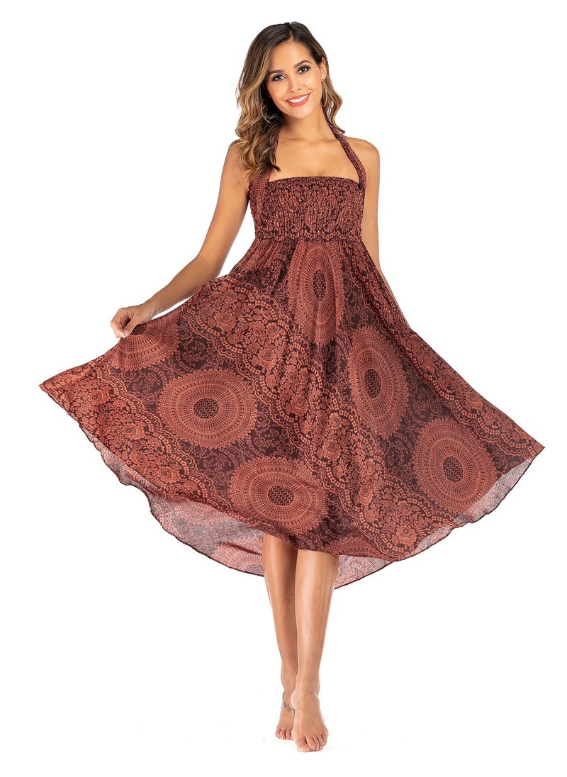 Loquat - Casual Dress Half Skirt Beach Vacation Skirt Two Dresses Full Skirt  Brown - Image 1