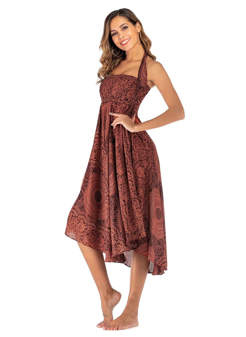 Loquat - Casual Dress Half Skirt Beach Vacation Skirt Two Dresses Full Skirt  Brown - Image 1