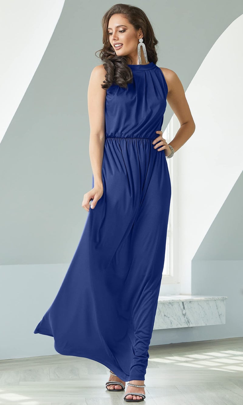 KOH KOH Womens Long Sleeveless Bridesmaid Halter Neck Wedding Party Guest Flowy Slimming Semi Formal Elegant Gala Ball Evening A-line Tall Gown Maxi Dress, Cobalt/Royal Blue L 12-14 - Image 3