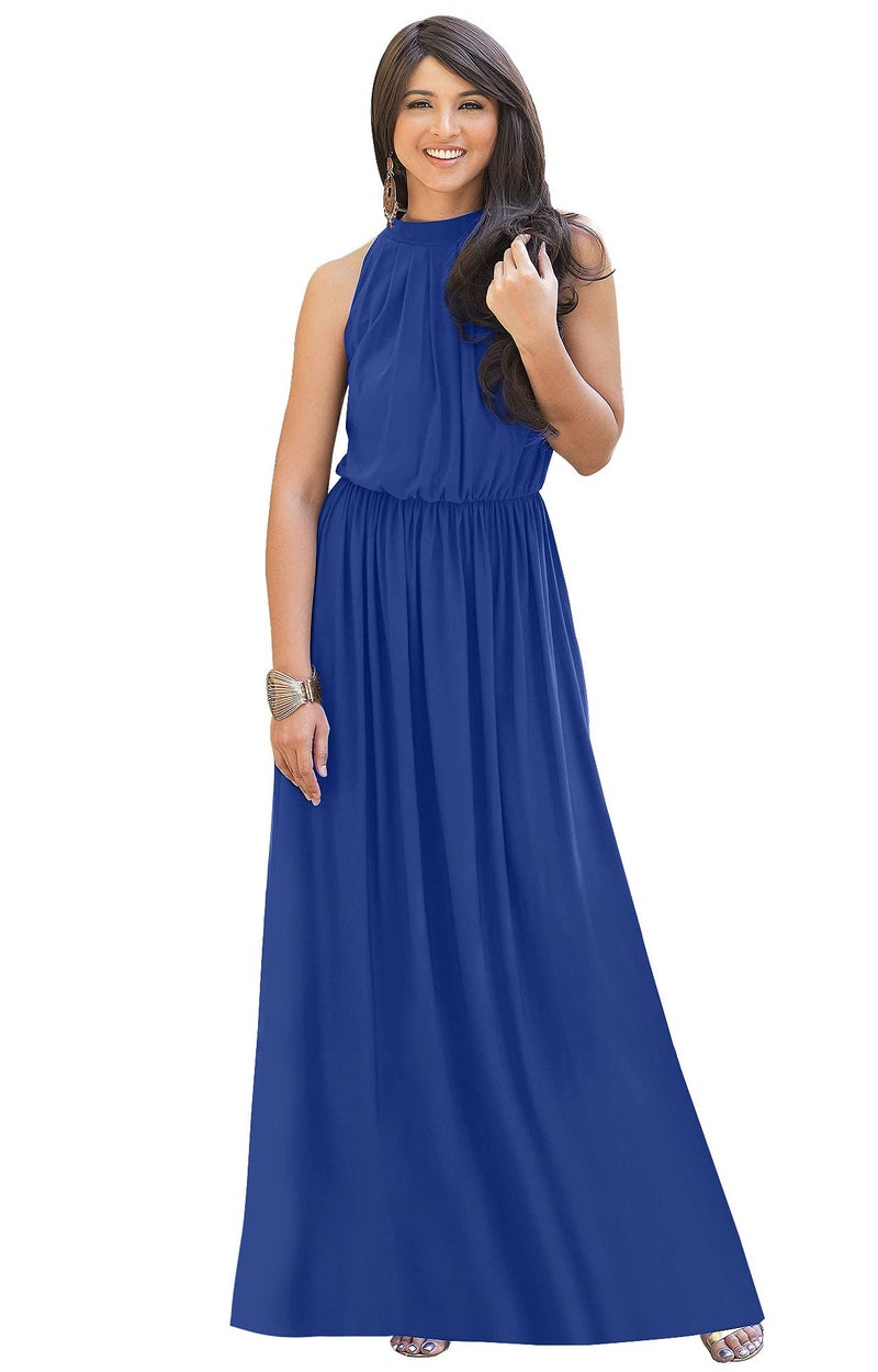 KOH KOH Womens Long Sleeveless Bridesmaid Halter Neck Wedding Party Guest Flowy Slimming Semi Formal Elegant Gala Ball Evening A-line Tall Gown Maxi Dress, Cobalt/Royal Blue L 12-14 - Image 5